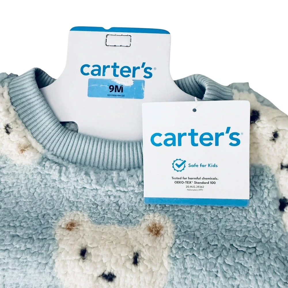 Carter's 2pc Cozy Set Kids 9M Blue New Sherpa Polar Bear Fleece Striped Pants